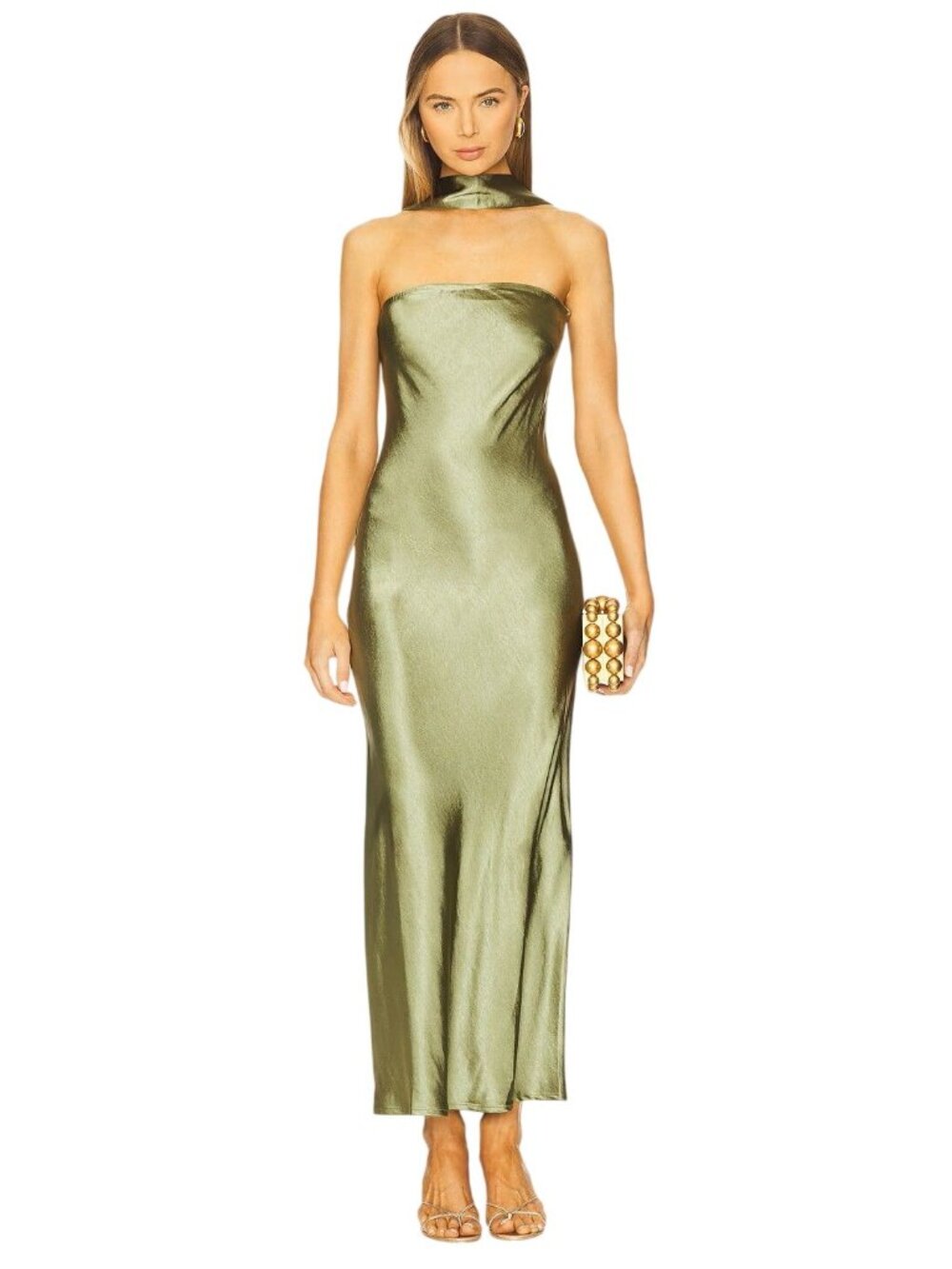 SNDYS Angelina Neck Tie Maxi Dress in Olive XXSmall as-is Womens Satin Long Gown
